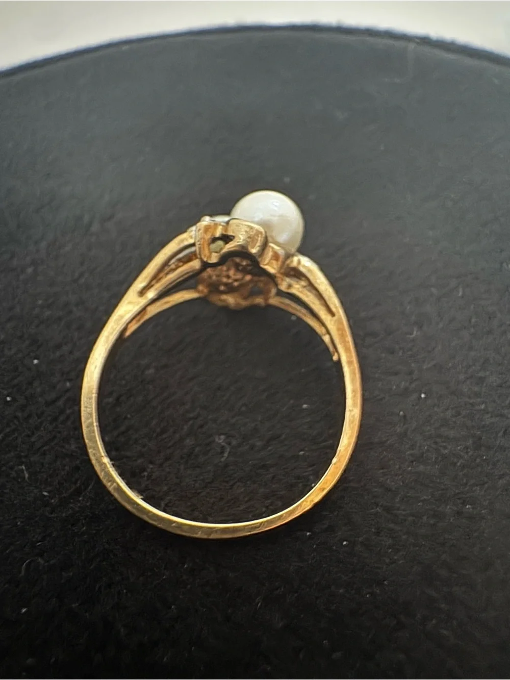 10K Solid Yellow Gold Double Pearl & Diamond Botanical Bypass Ring Size 7